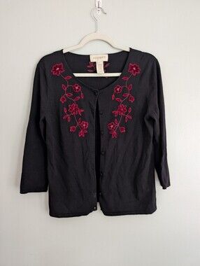 Vtg Easy‎ Spirit Black Cardigan with Ruby Floral Embroidery And Beading Sz L